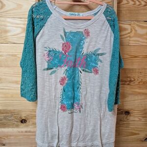 Southern Grace Striped Top with Teal Logo Label